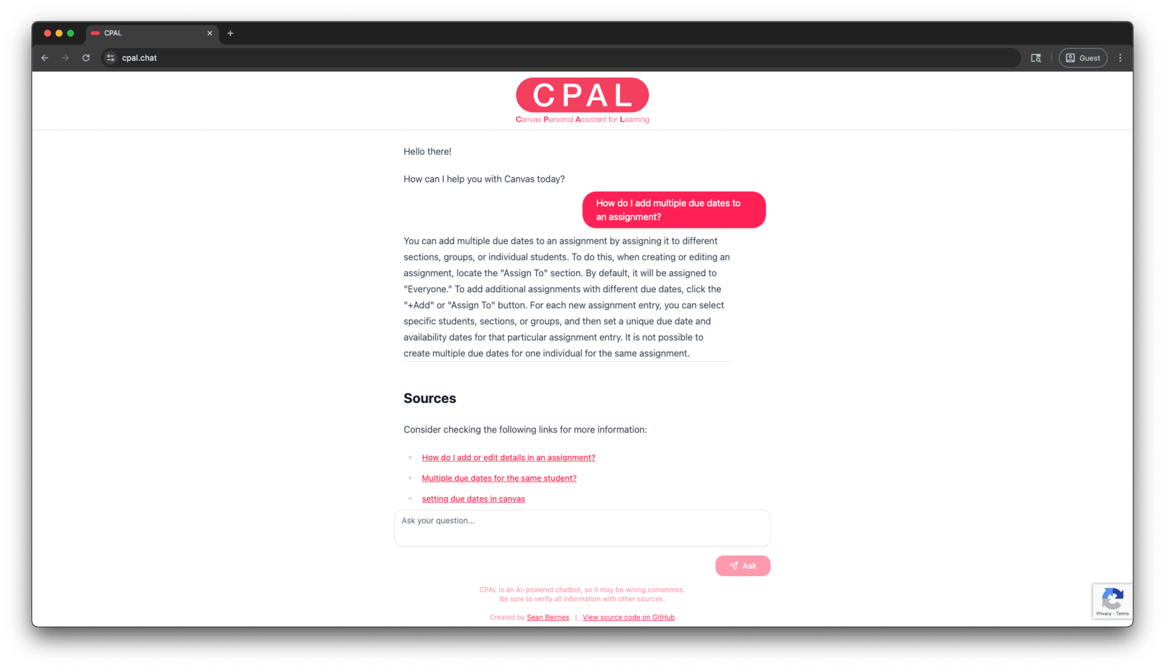 CPAL displays a cited answer to a Canvas question, with related source links below it.